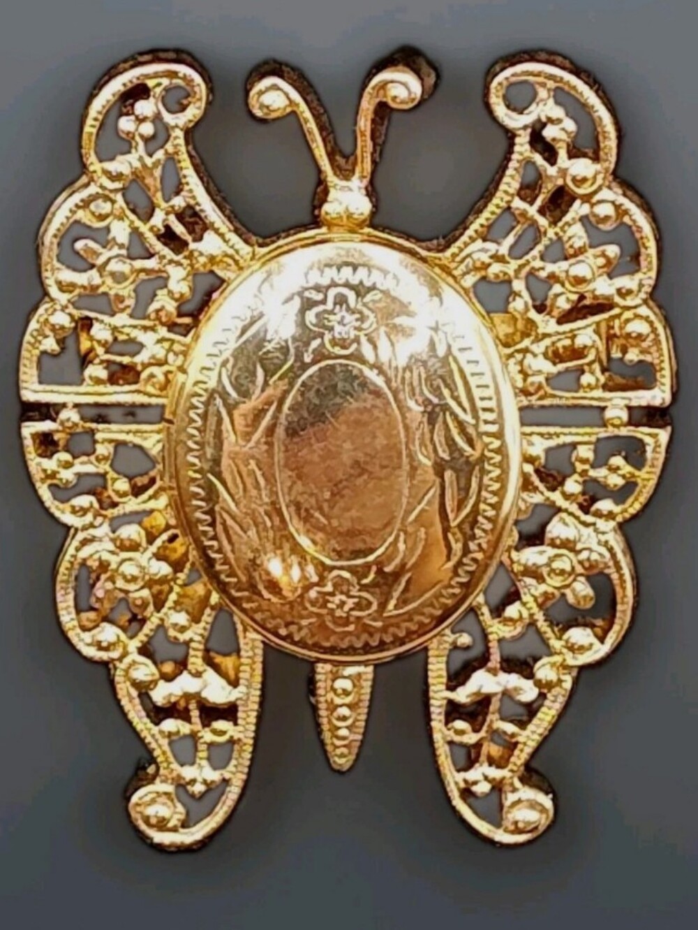 Vintage Whimisical Butterfly Keepsake Locket Brooch Gold Tone Filigree Wings